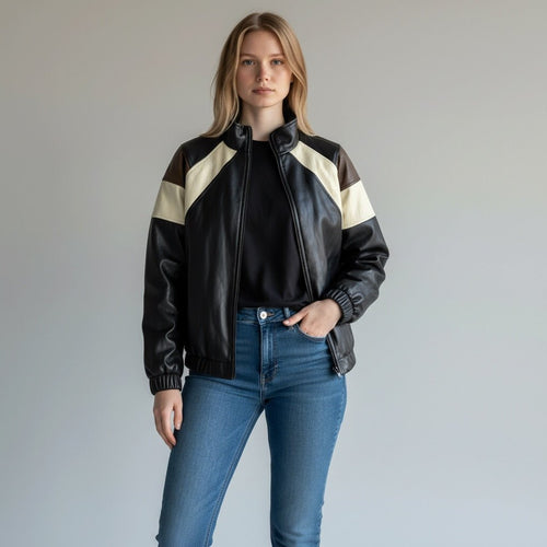 BOMBER BICOLOR IN ECOPELLE SUSY MIX - XE BLU Abbigliamento Donna