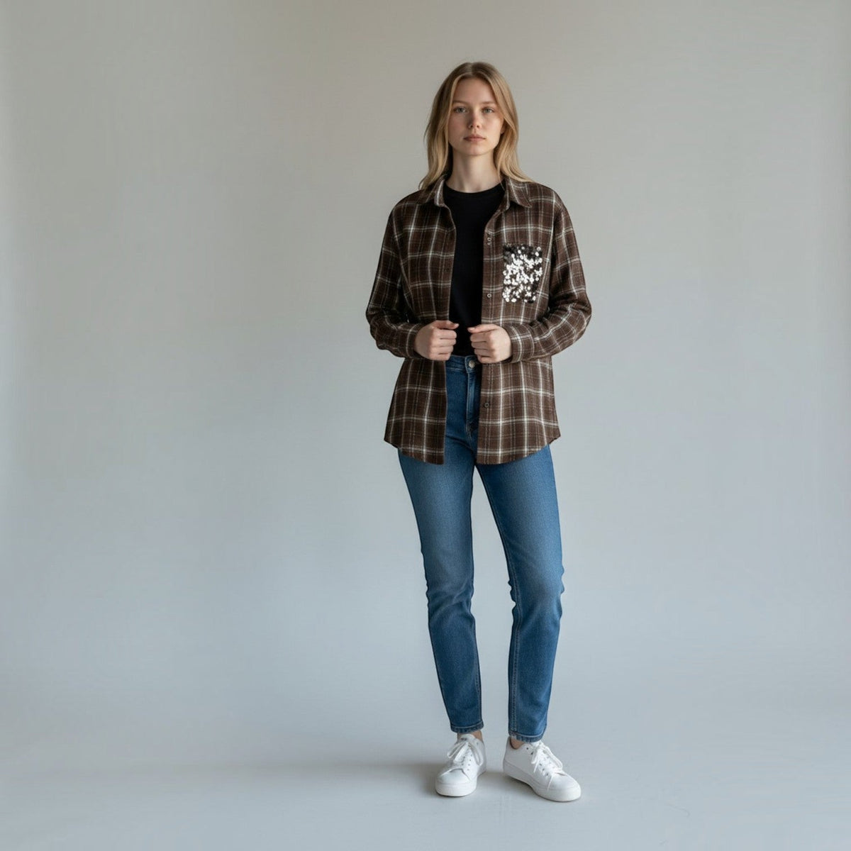 CAMICIA A QUADRI CON TASCA PAILLETTES SUSY MIX - XE BLU Abbigliamento Donna