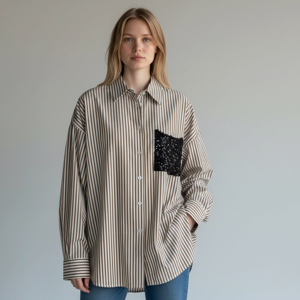 CAMICIA A RIGHE CON TASCA PAILLETTES SUSY MIX - XE BLU Abbigliamento Donna