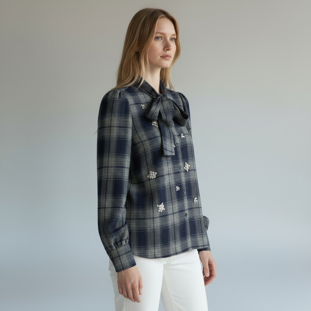 CAMICIA CHECK CON CABOCHON VICOLO - XE BLU Abbigliamento Donna