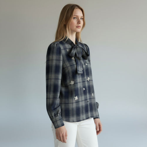 CAMICIA CHECK CON CABOCHON VICOLO - XE BLU Abbigliamento Donna
