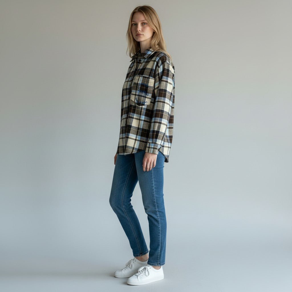 CAMICIA CHECK SCRITTA TASCA TENSIONE IN - XE BLU Abbigliamento Donna