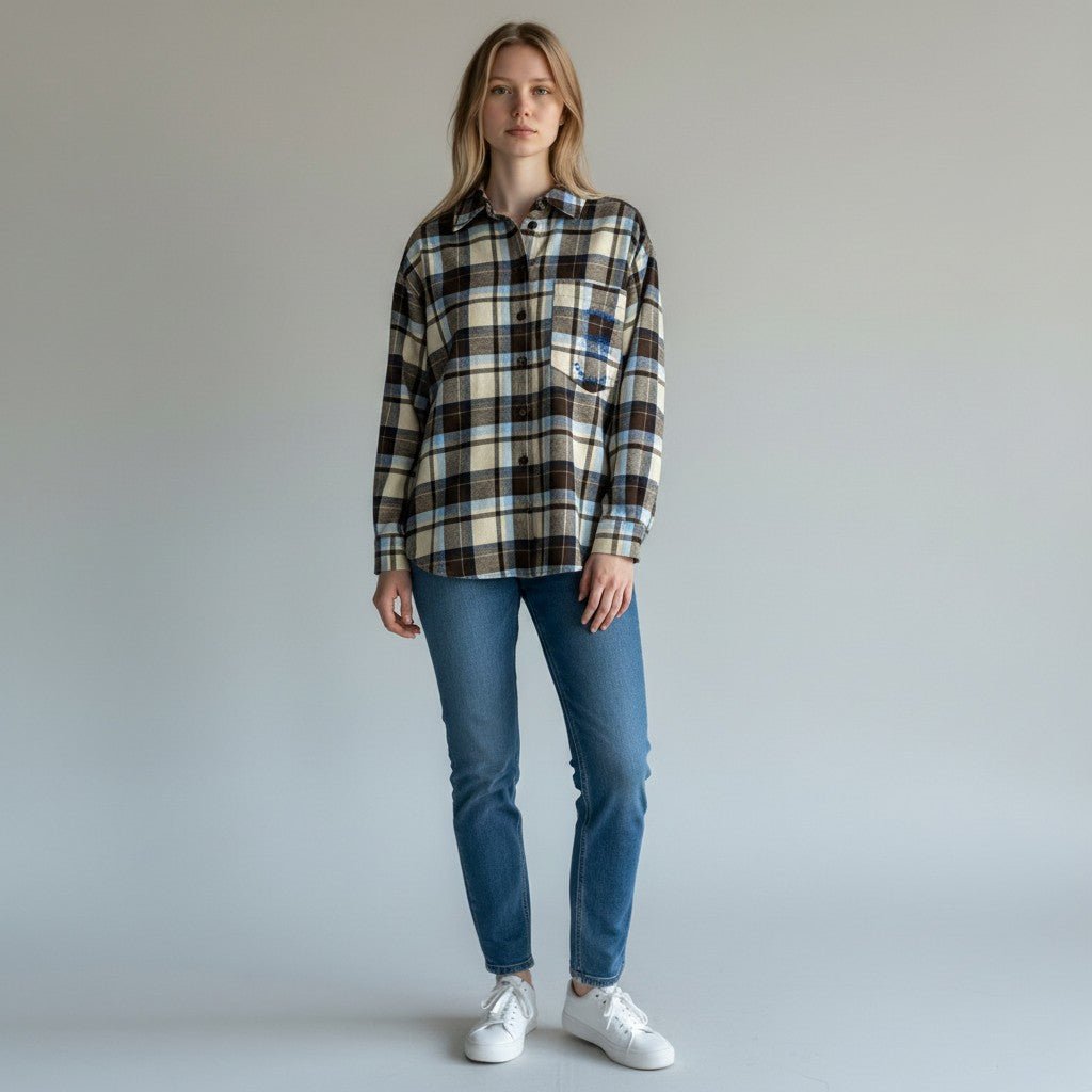 CAMICIA CHECK SCRITTA TASCA TENSIONE IN - XE BLU Abbigliamento Donna