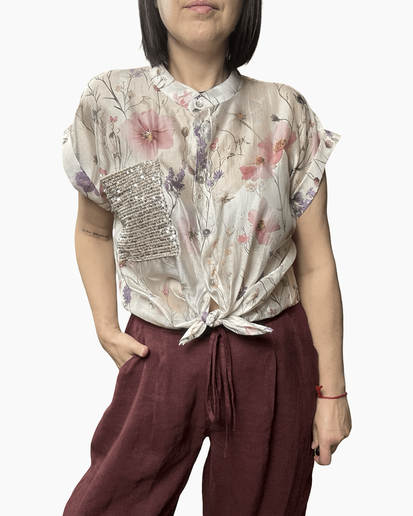 CAMICIA FIORI TASCA PAILLETTES SUSY MIX - XE BLU ABBIGLIAMENTO