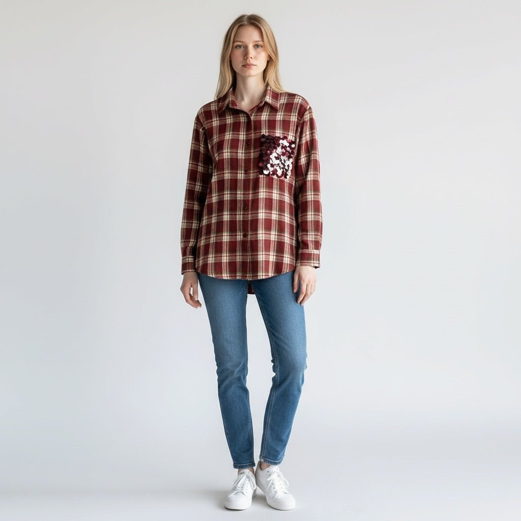 CAMICIA QUADRO TASCA PAILLETTES SUSY MIX - XE BLU Abbigliamento Donna