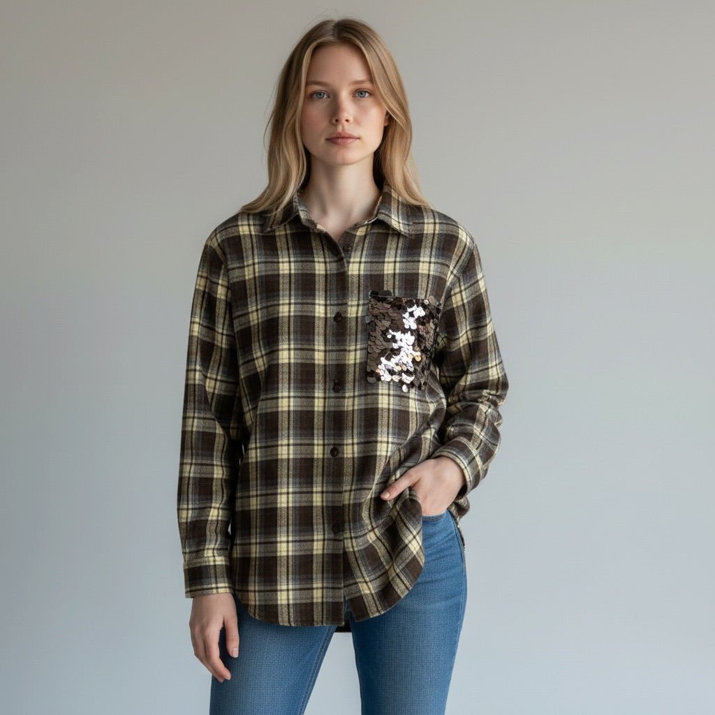 CAMICIA QUADRO TASCA PAILLETTES SUSY MIX - XE BLU Abbigliamento Donna