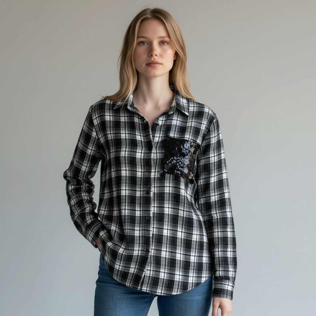 CAMICIA QUADRO TASCA PAILLETTES SUSY MIX - XE BLU Abbigliamento Donna