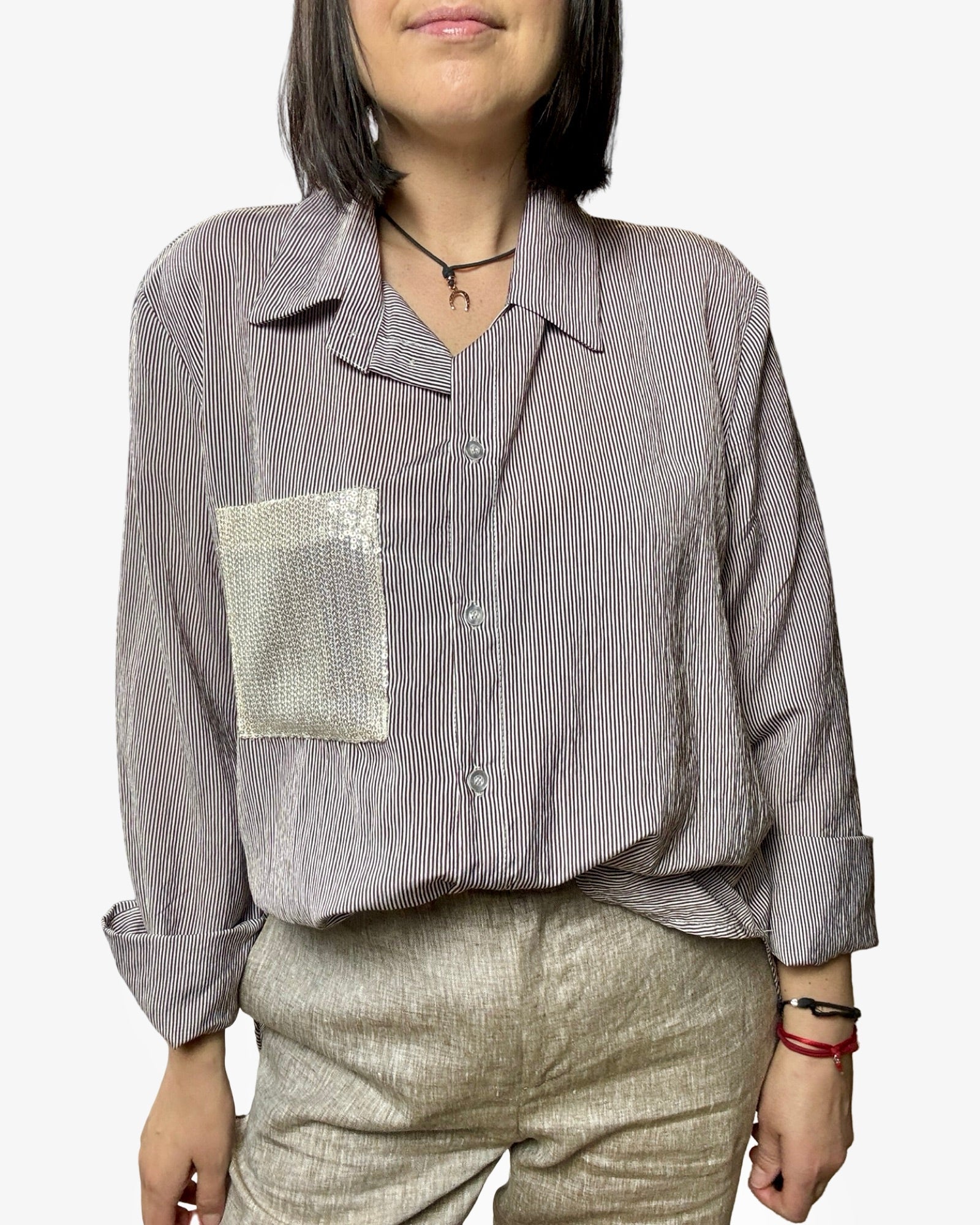 CAMICIA RIGATA TASCA PAILLETTES SUSY MIX - XE BLU ABBIGLIAMENTO