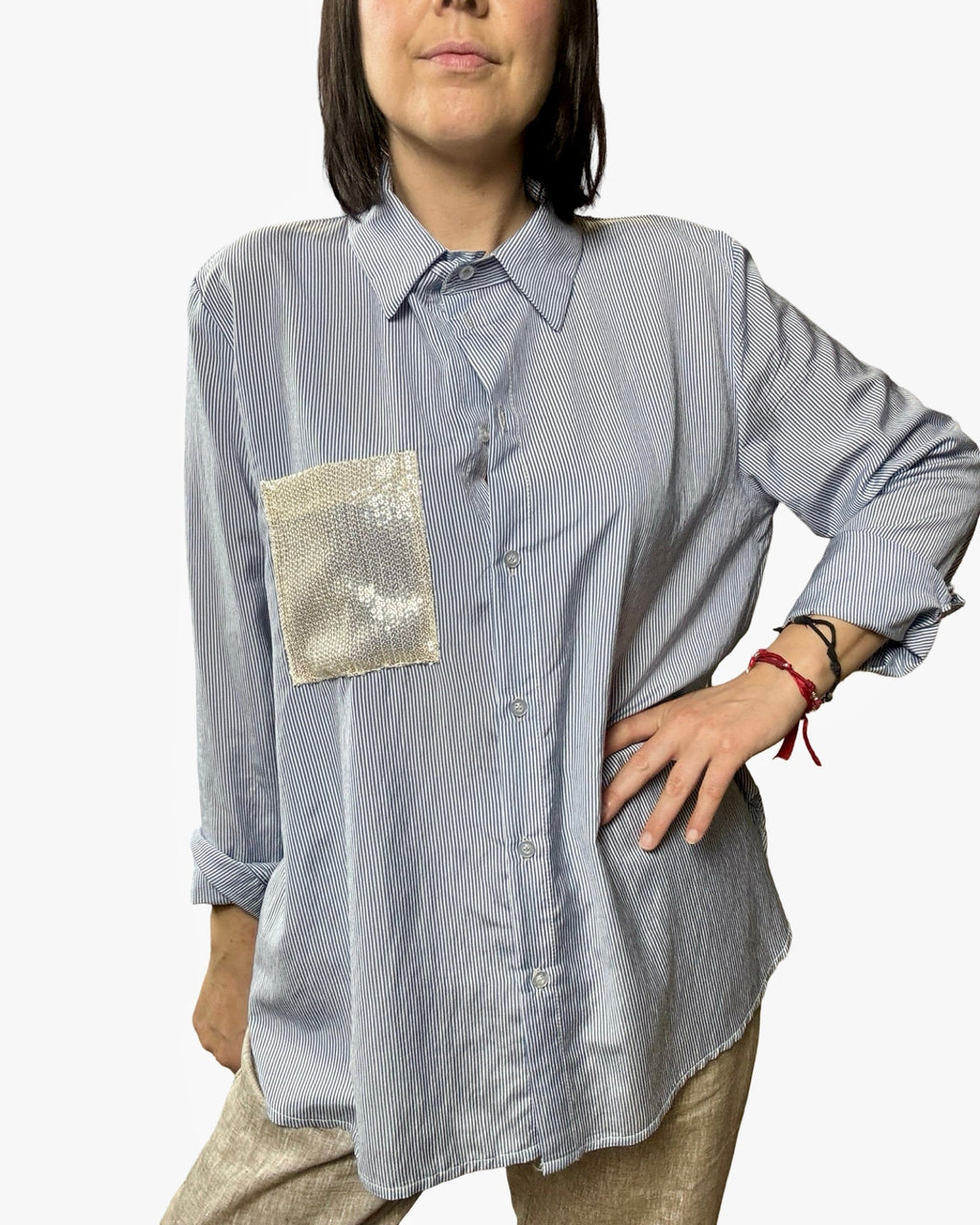 CAMICIA RIGATA TASCA PAILLETTES SUSY MIX - XE BLU ABBIGLIAMENTO