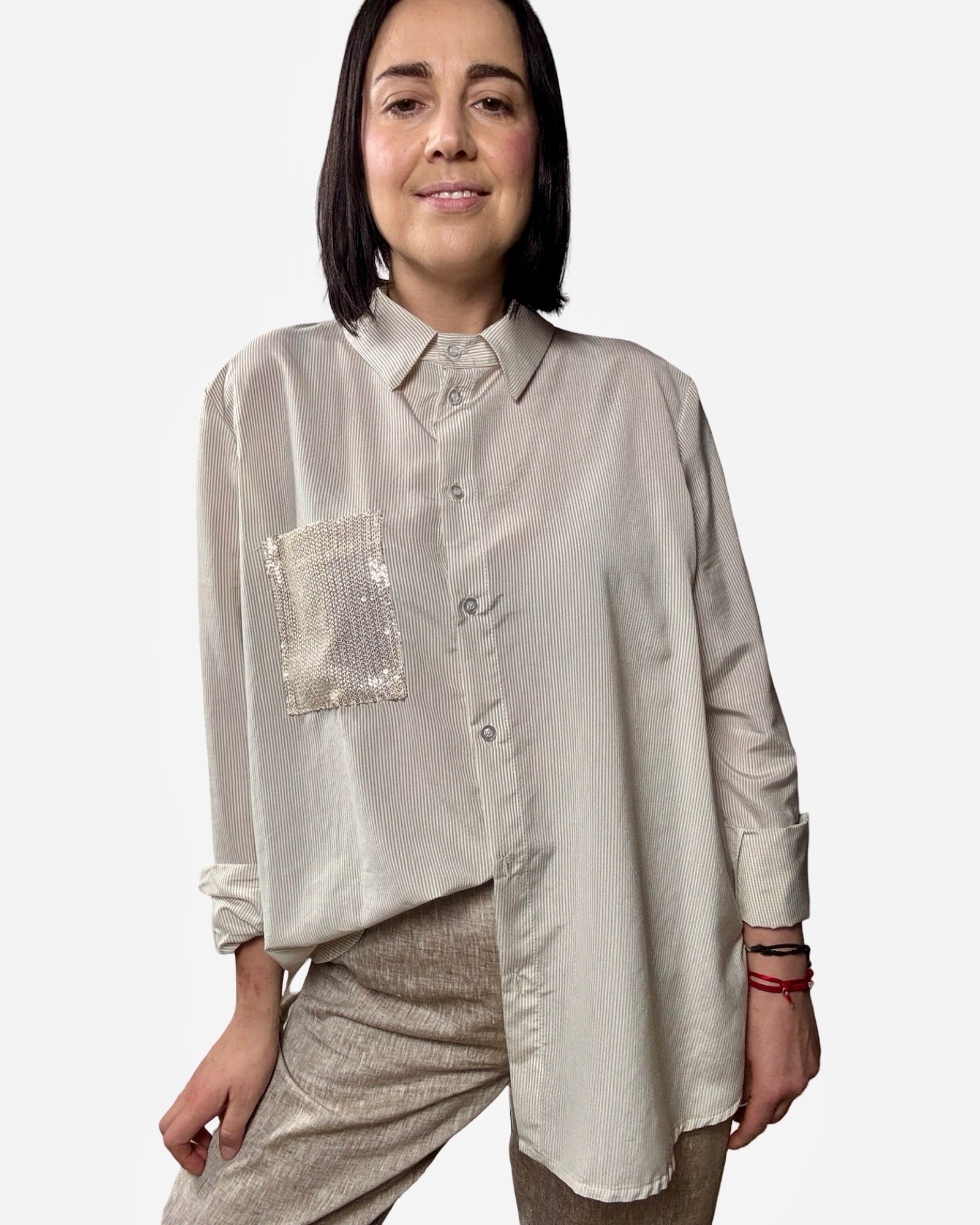CAMICIA RIGATA TASCA PAILLETTES SUSY MIX - XE BLU ABBIGLIAMENTO