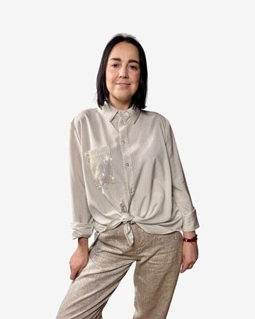 CAMICIA RIGATA TASCA PAILLETTES SUSY MIX - XE BLU ABBIGLIAMENTO