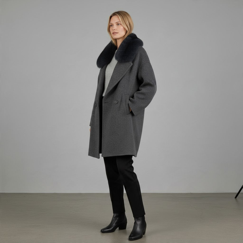 CAPPOTTO MISTO LANA COLLO PELO HAVEONE - XE BLU Abbigliamento Donna