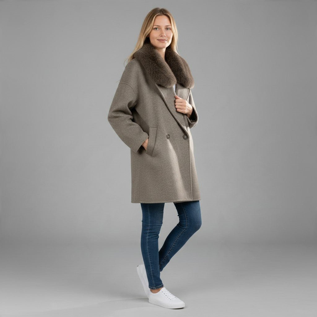 CAPPOTTO MISTO LANA COLLO PELO HAVEONE - XE BLU Abbigliamento Donna