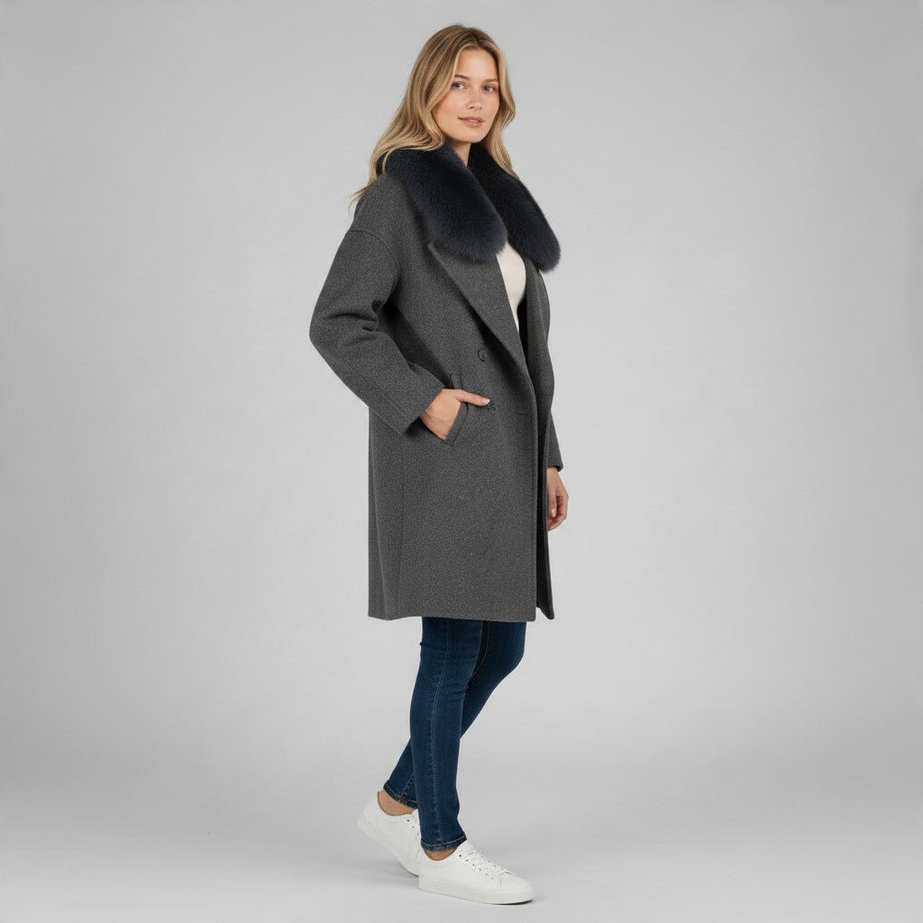 CAPPOTTO MISTO LANA COLLO PELO HAVEONE - XE BLU Abbigliamento Donna