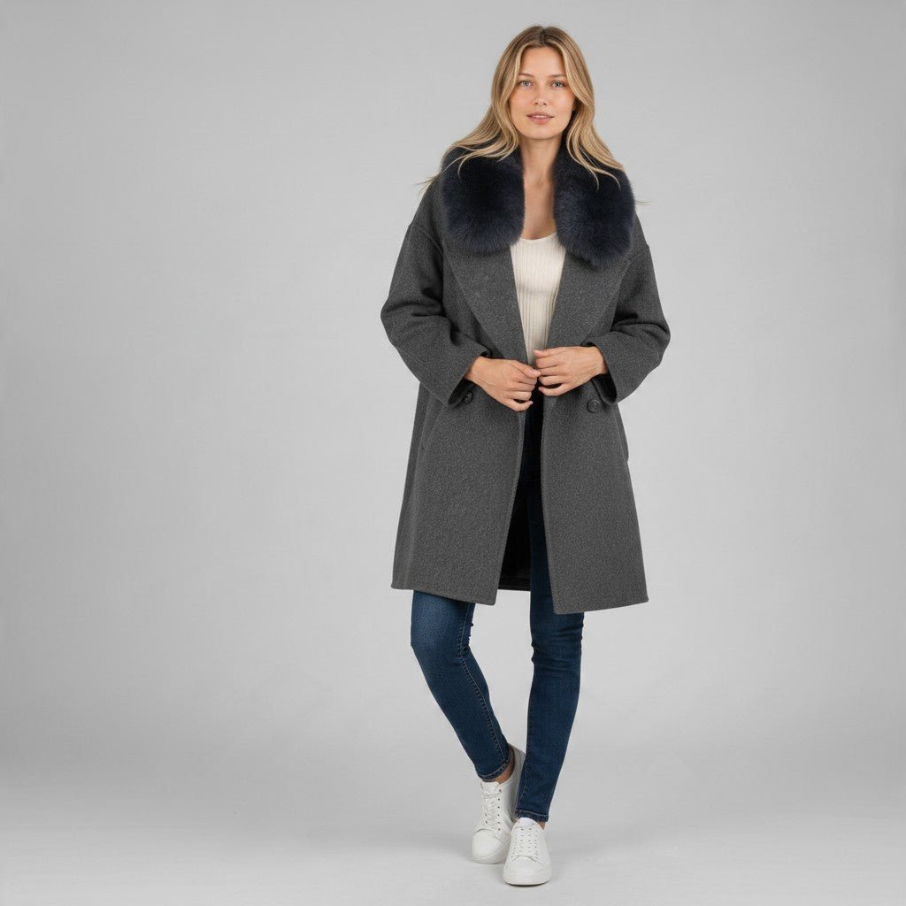 CAPPOTTO MISTO LANA COLLO PELO HAVEONE - XE BLU Abbigliamento Donna