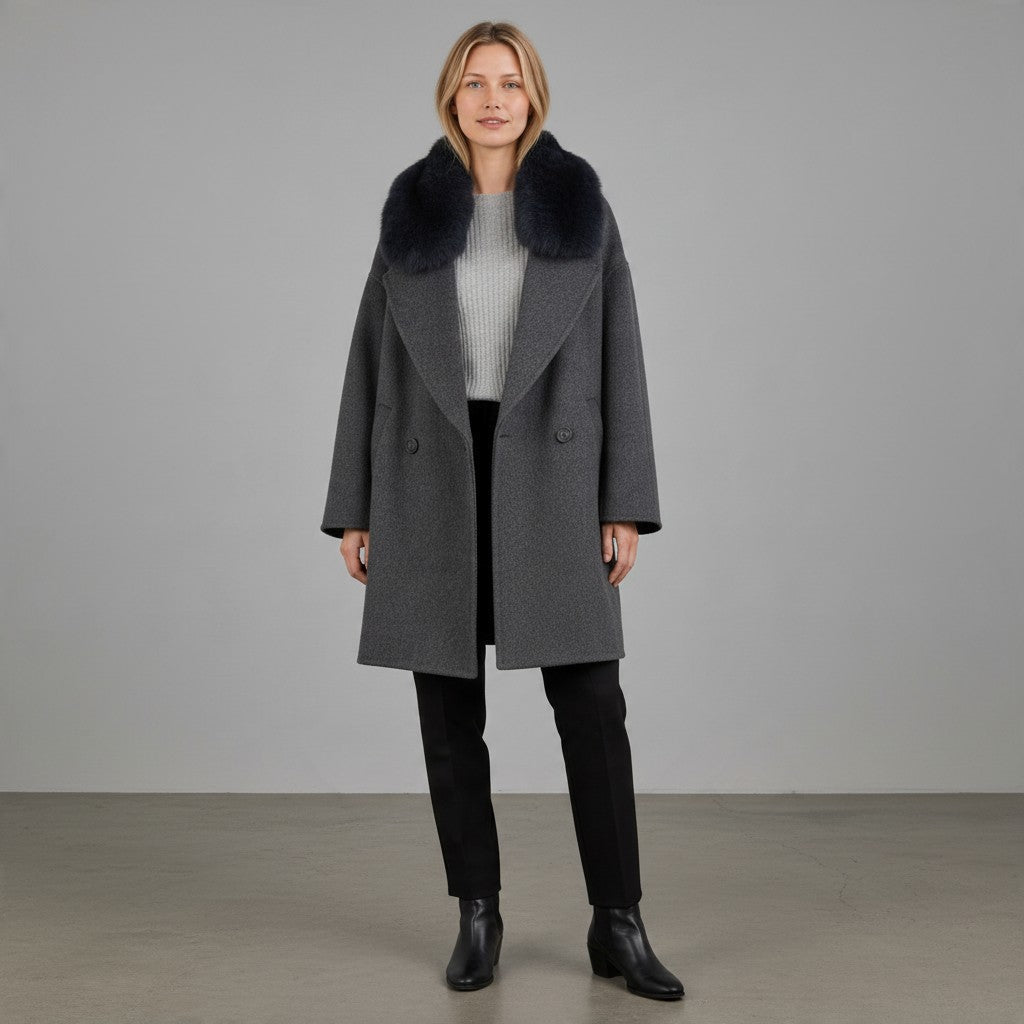 CAPPOTTO MISTO LANA COLLO PELO HAVEONE - XE BLU Abbigliamento Donna
