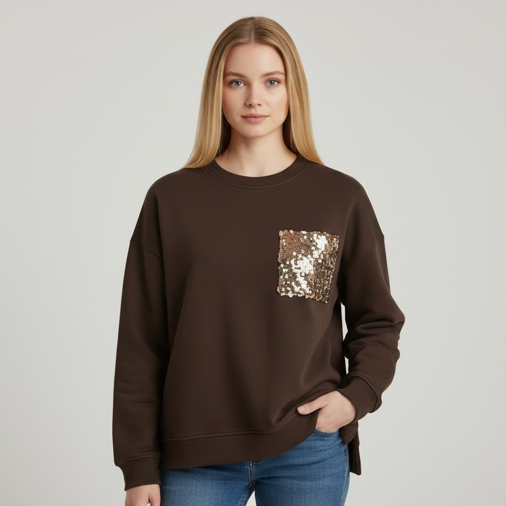 FELPA CON TASCA PAILLETTES SUSY MIX - XE BLU Abbigliamento Donna