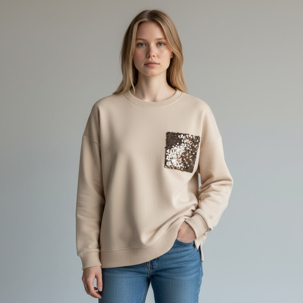 FELPA CON TASCA PAILLETTES SUSY MIX - XE BLU Abbigliamento Donna