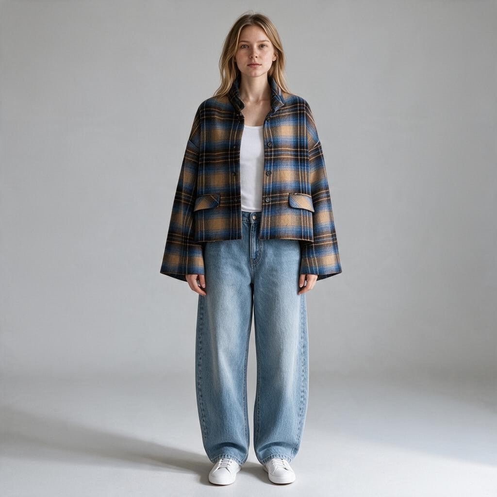 GIACCA CHECK CELESTE-MARRONE TENSIONE IN - XE BLU Abbigliamento Donna