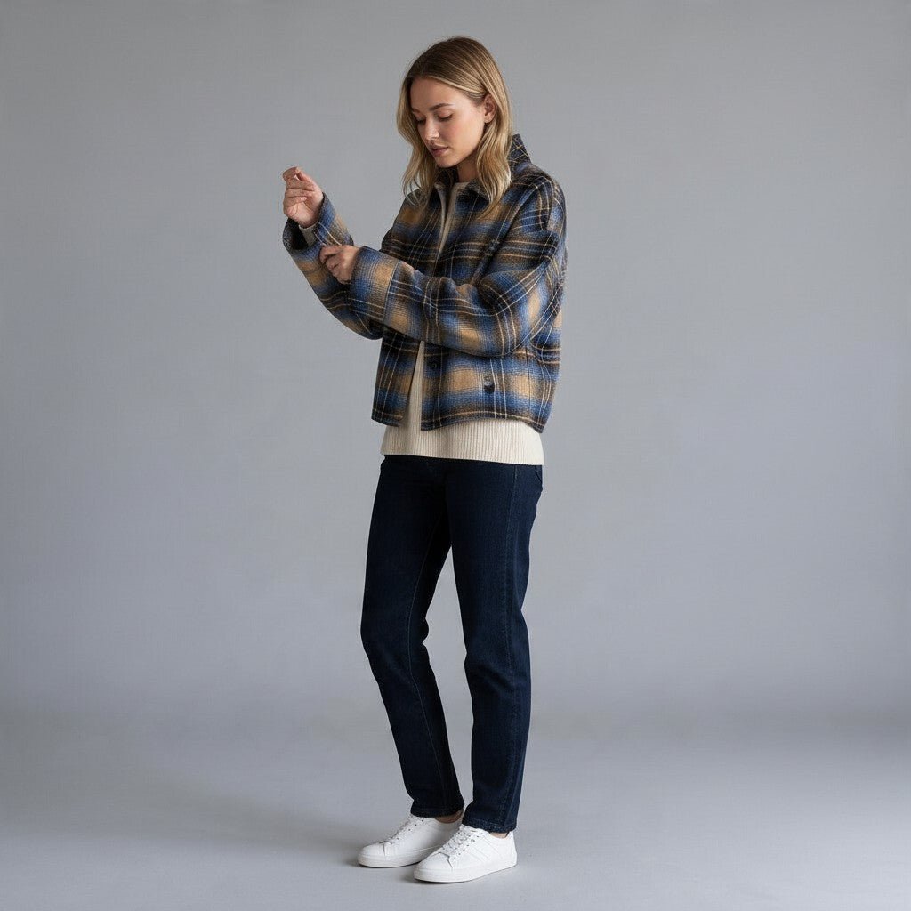 GIACCA CHECK CELESTE-MARRONE TENSIONE IN - XE BLU Abbigliamento Donna