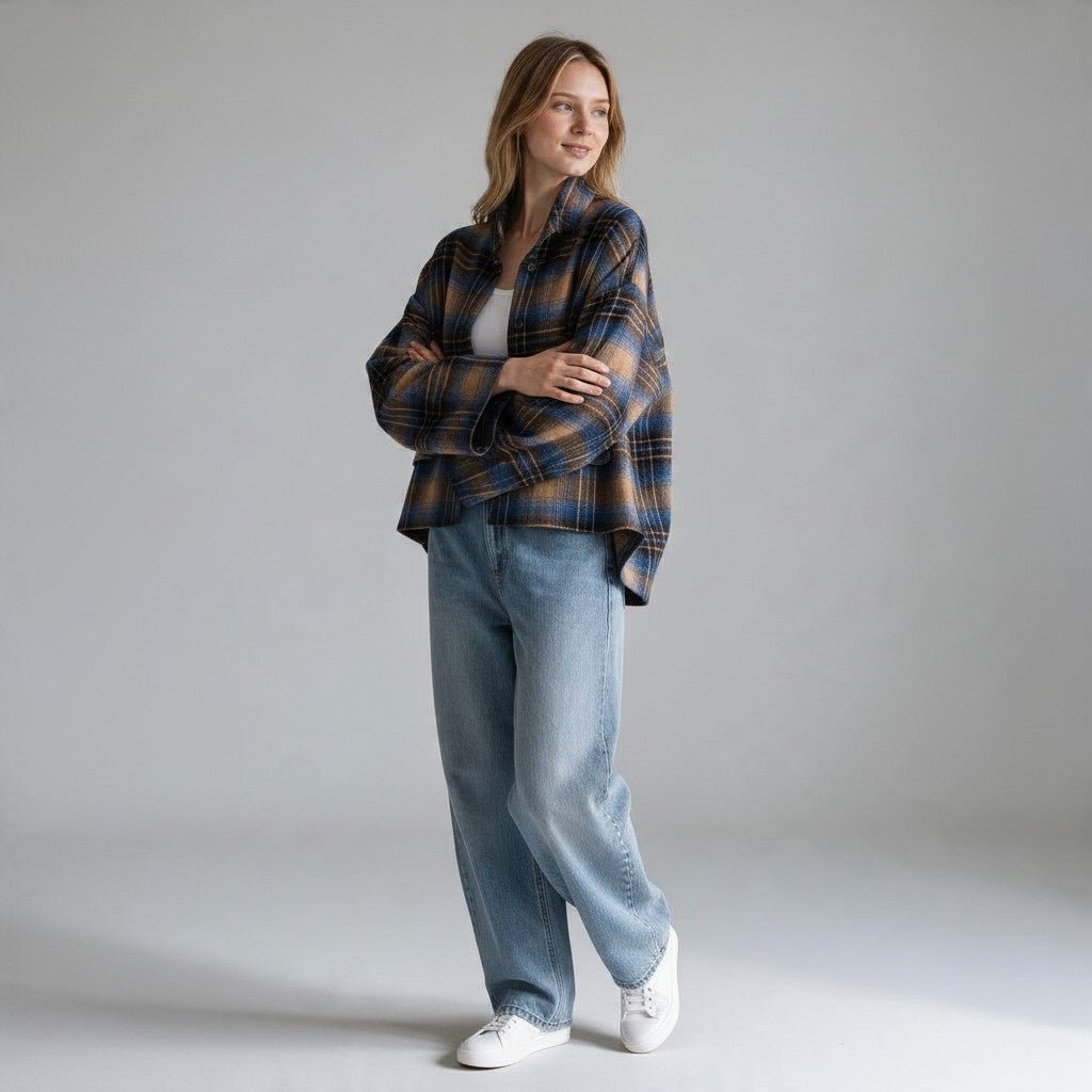 GIACCA CHECK CELESTE-MARRONE TENSIONE IN - XE BLU Abbigliamento Donna