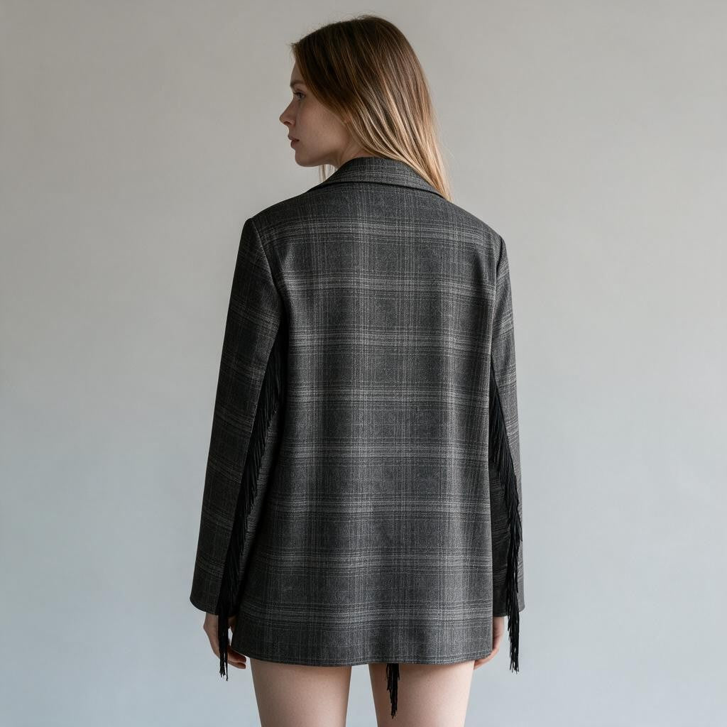 GIACCA CHECK CON FRANGE SUSY MIX - XE BLU Abbigliamento Donna