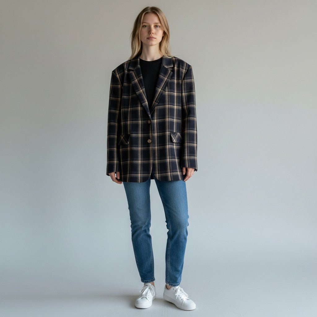 GIACCA CHECK CON FRANGE SUSY MIX - XE BLU Abbigliamento Donna