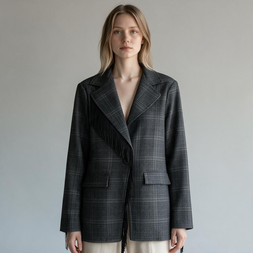 GIACCA CHECK CON FRANGE SUSY MIX - XE BLU Abbigliamento Donna