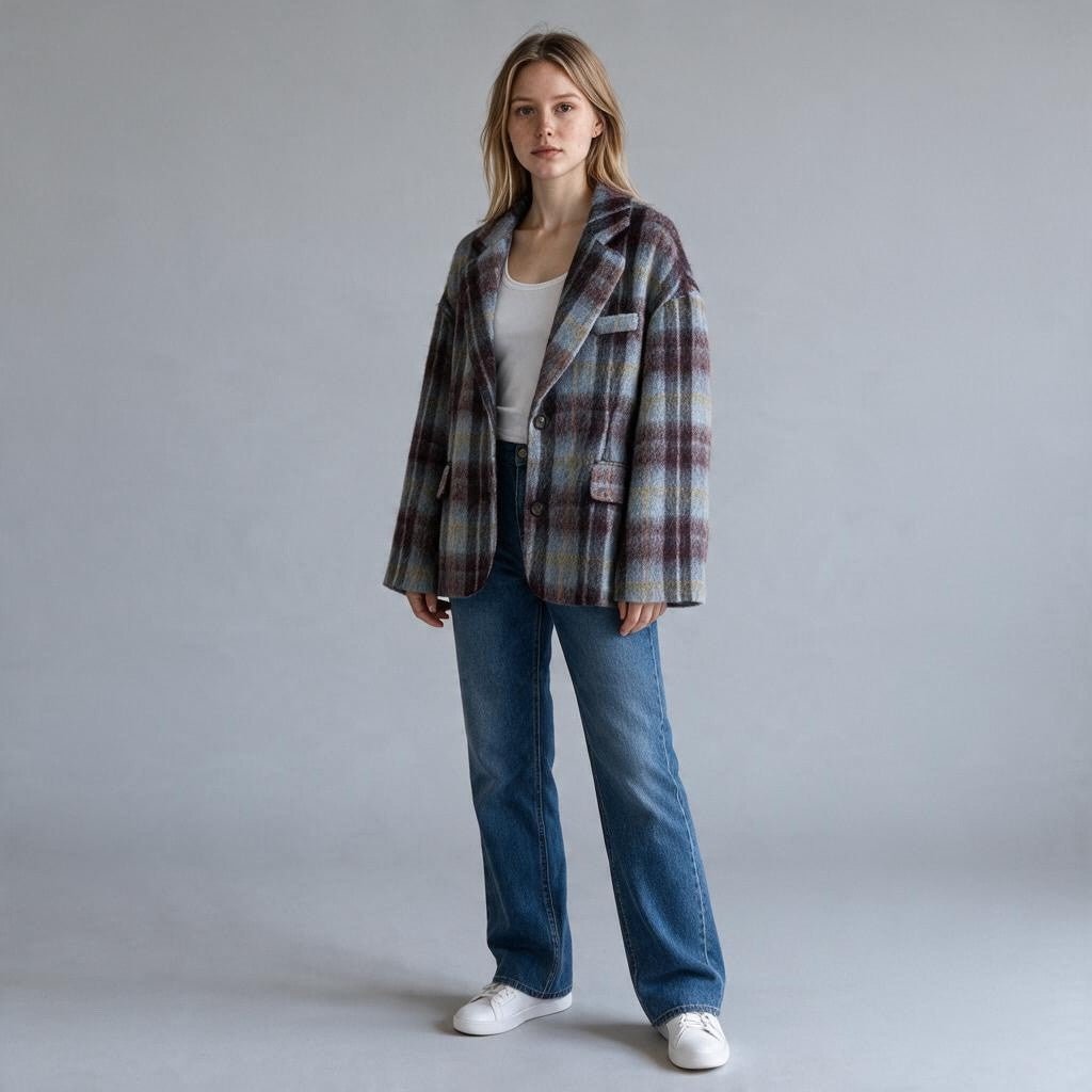 GIACCA CHECK IN LANA COTTA TENSIONE IN - XE BLU Abbigliamento Donna