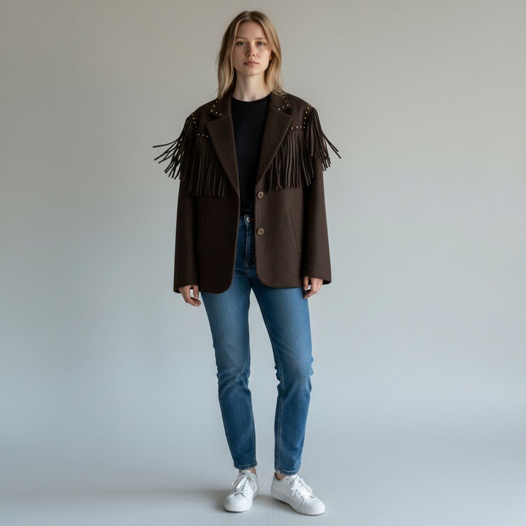 GIACCA MISTO LANA CON FRANGE VICOLO - XE BLU Abbigliamento Donna