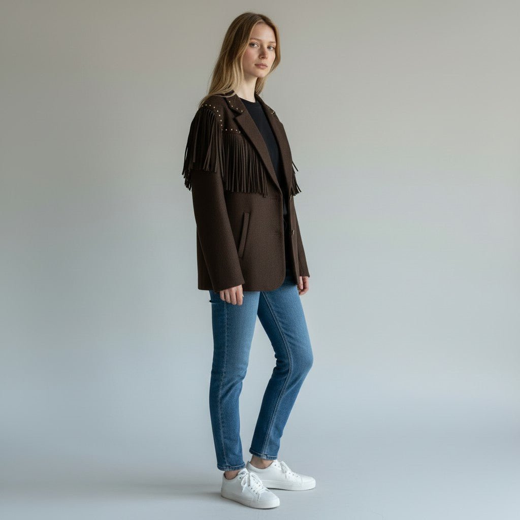 GIACCA MISTO LANA CON FRANGE VICOLO - XE BLU Abbigliamento Donna