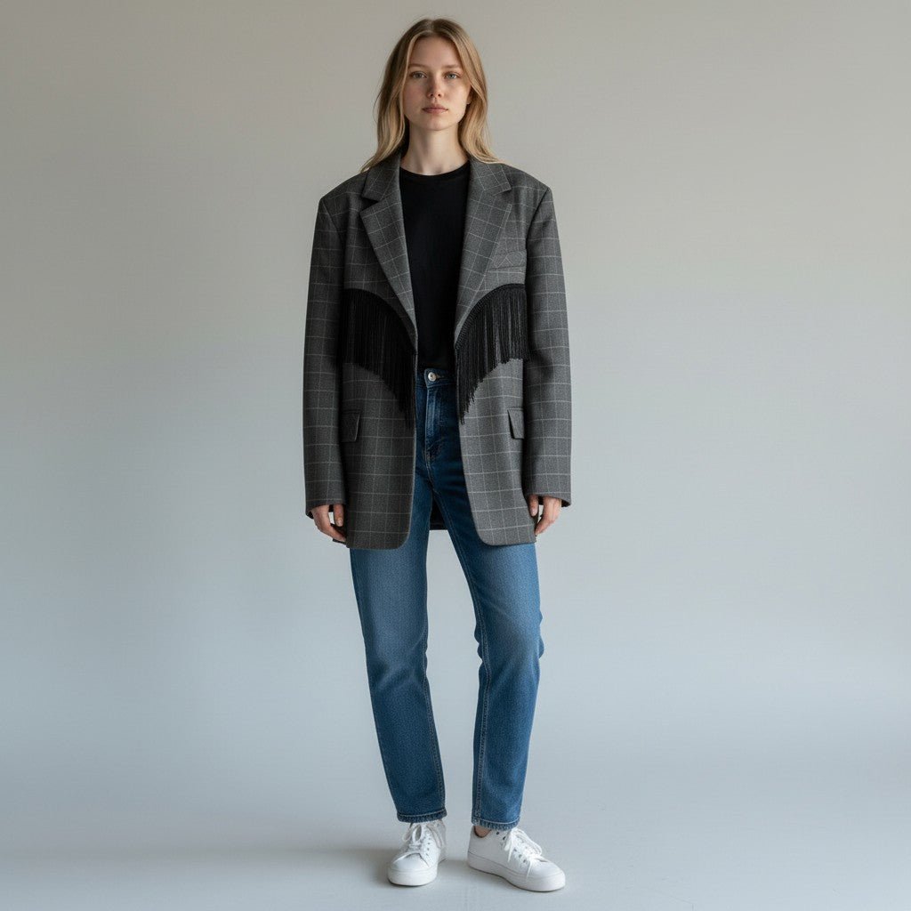 GIACCA OVER CON FRANGE VICOLO - XE BLU Abbigliamento Donna