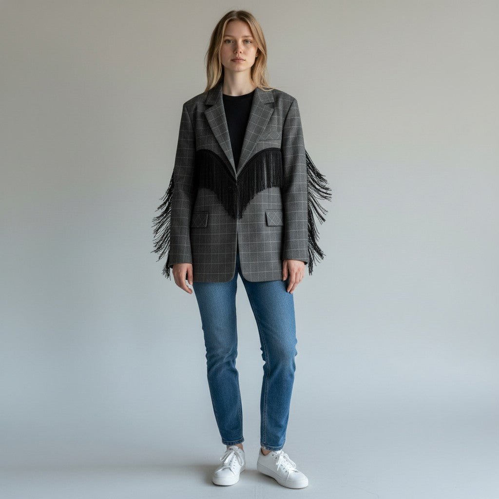 GIACCA OVER CON FRANGE VICOLO - XE BLU Abbigliamento Donna