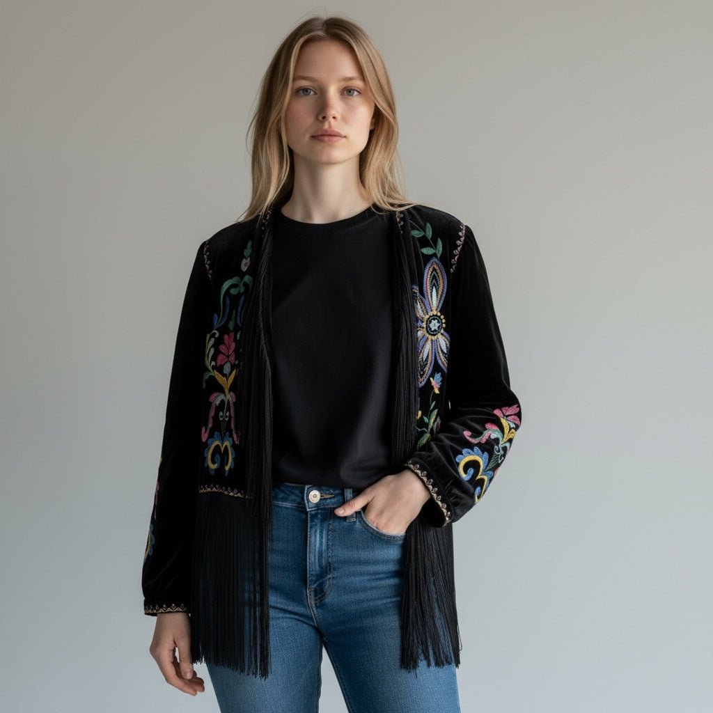 GIACCA RICAMATA CON FRANGE SUSY MIX - XE BLU Abbigliamento Donna