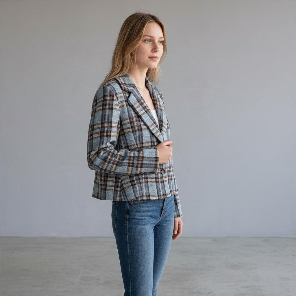 GIACCA SFIANCATA A QUADRI TENSIONE IN - XE BLU Abbigliamento Donna