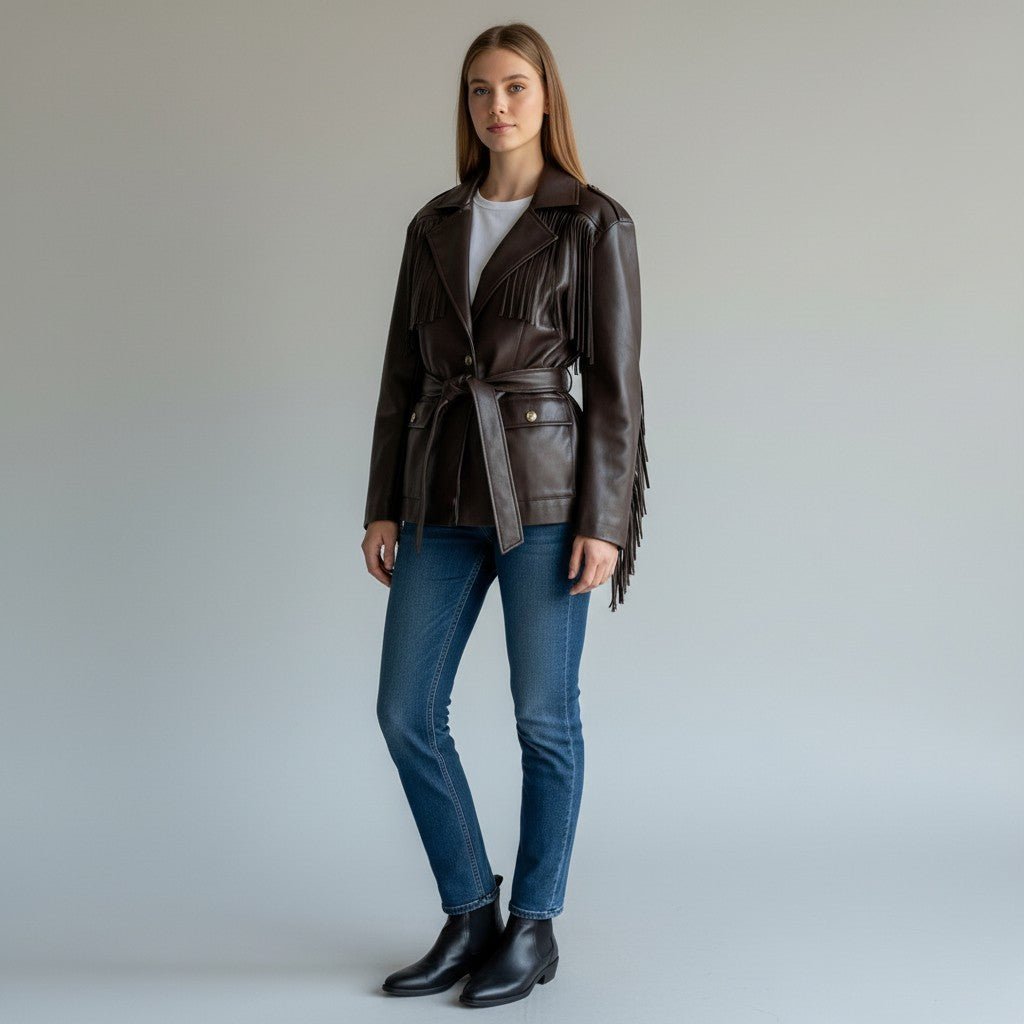 GIUBBINO IN ECOPELLE CON FRANGE SUSY MIX - XE BLU Abbigliamento Donna