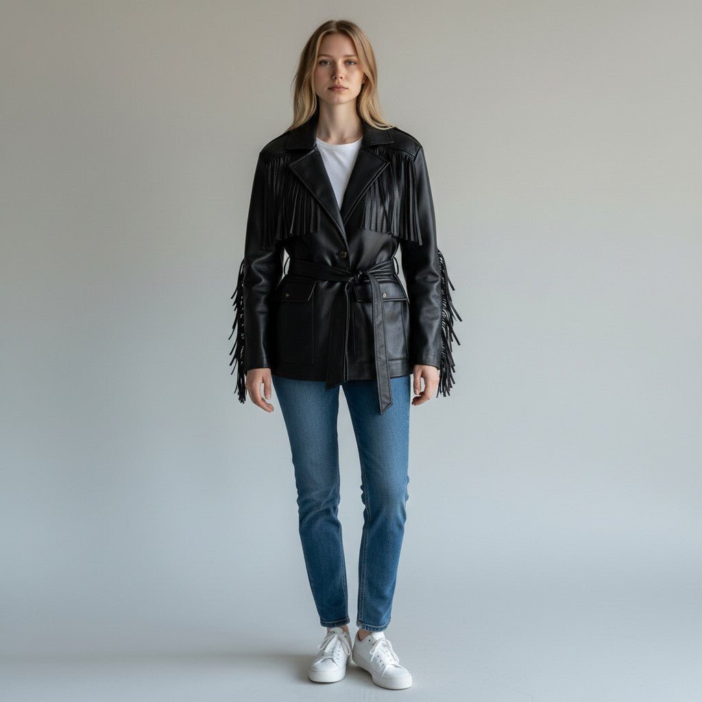 GIUBBINO IN ECOPELLE CON FRANGE SUSY MIX - XE BLU Abbigliamento Donna