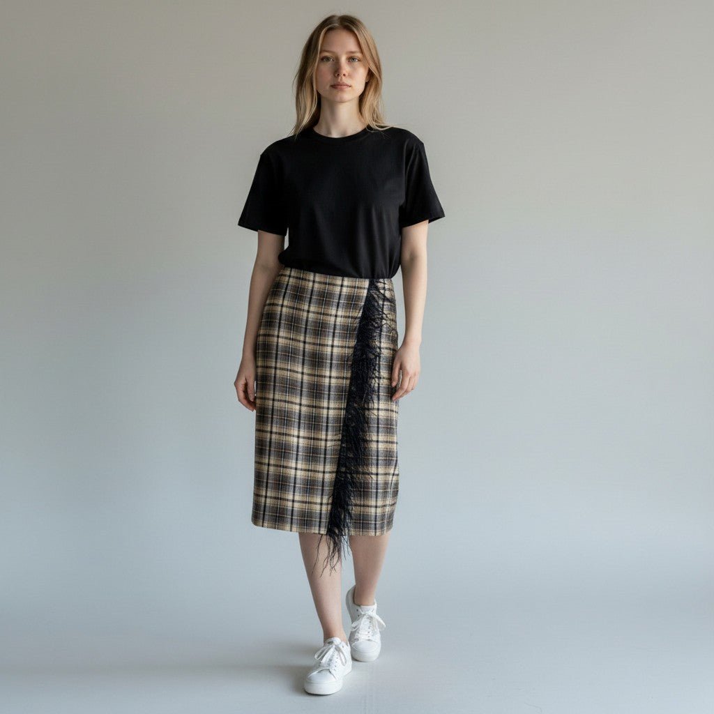 GONNA MIDI CHECK CON PIUME MOTEL - XE BLU Abbigliamento Donna