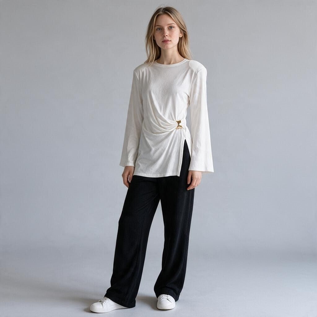 MAGLIETTA DRAPPEGGIATA CON DETTAGLIO DORATO TENSIONE IN - XE BLU Abbigliamento Donna
