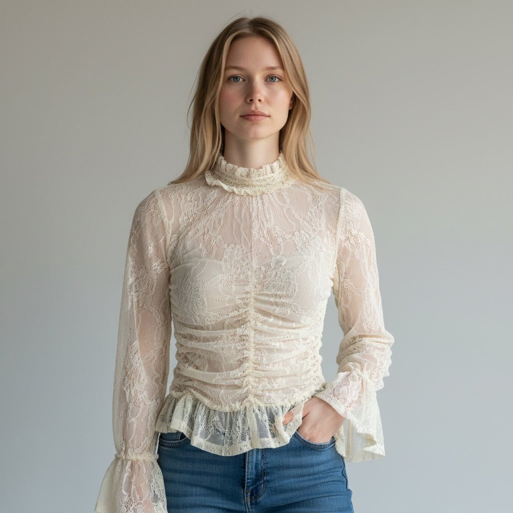 MAGLIETTA DRAPPEGGIATA IN PIZZO SUSY MIX - XE BLU Abbigliamento Donna