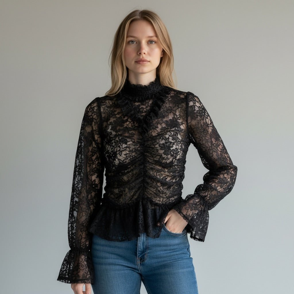 MAGLIETTA DRAPPEGGIATA IN PIZZO SUSY MIX - XE BLU Abbigliamento Donna
