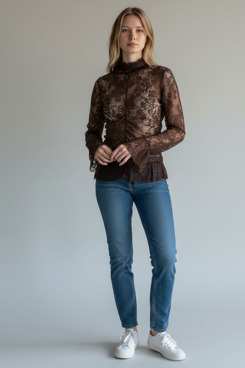 MAGLIETTA DRAPPEGGIATA IN PIZZO SUSY MIX - XE BLU Abbigliamento Donna