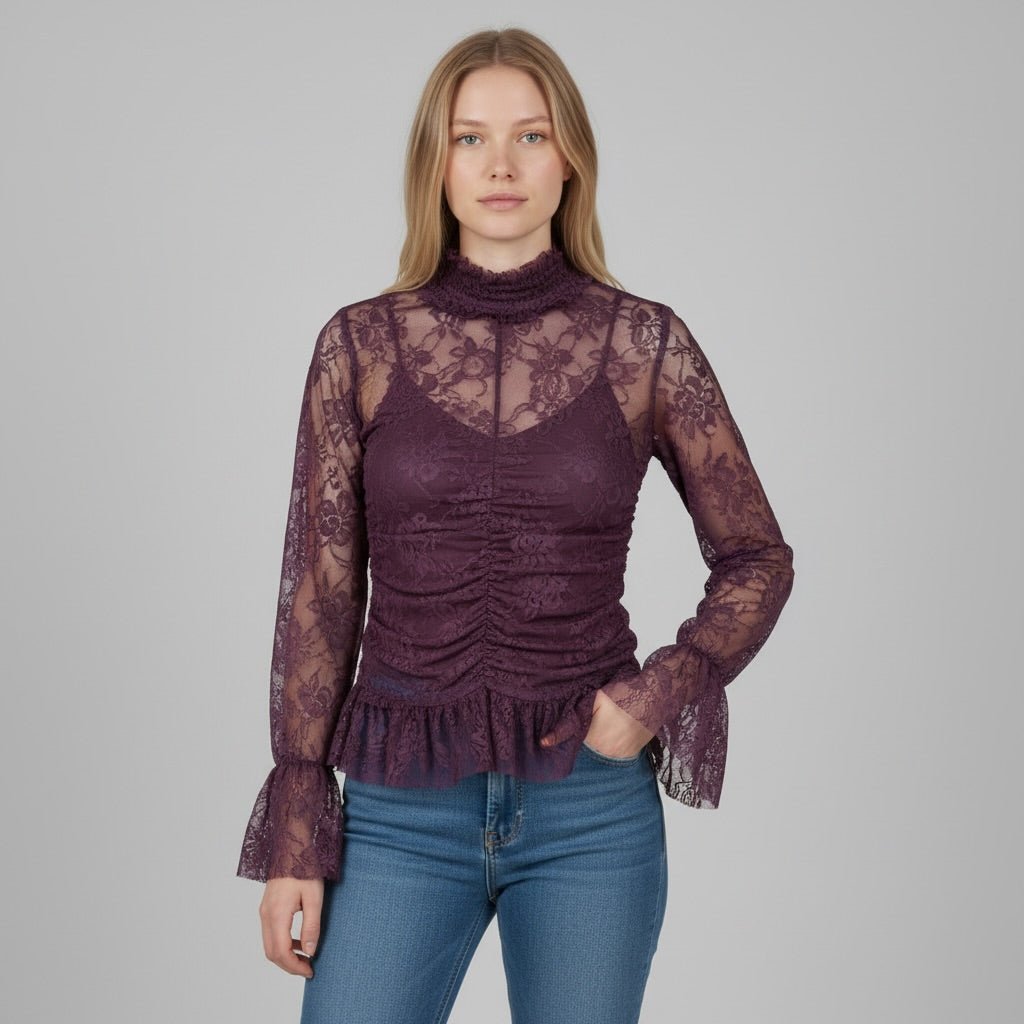 MAGLIETTA DRAPPEGGIATA IN PIZZO SUSY MIX - XE BLU Abbigliamento Donna