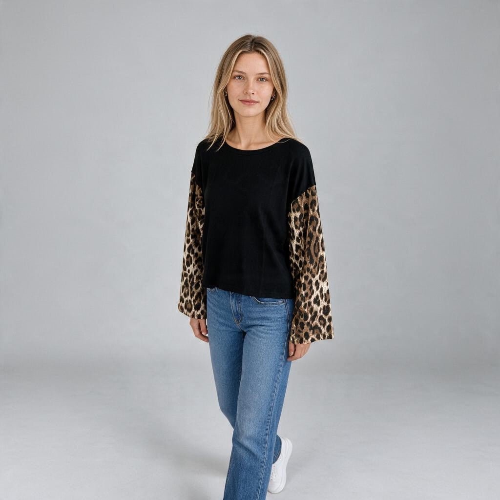 MAGLIETTA MACULATA CON MANICA A CAMPANA HAVEONE - XE BLU Abbigliamento Donna