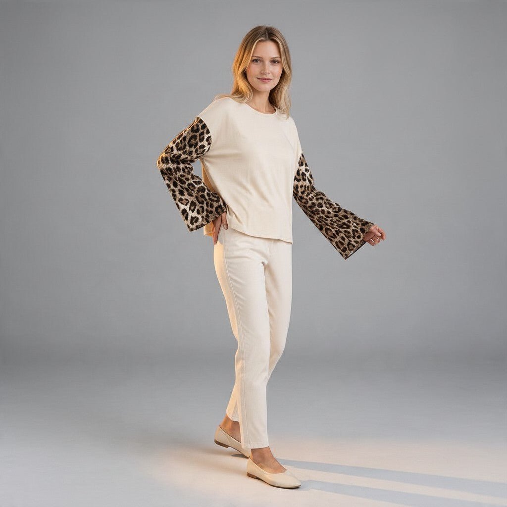 MAGLIETTA MACULATA CON MANICA A CAMPANA HAVEONE - XE BLU Abbigliamento Donna