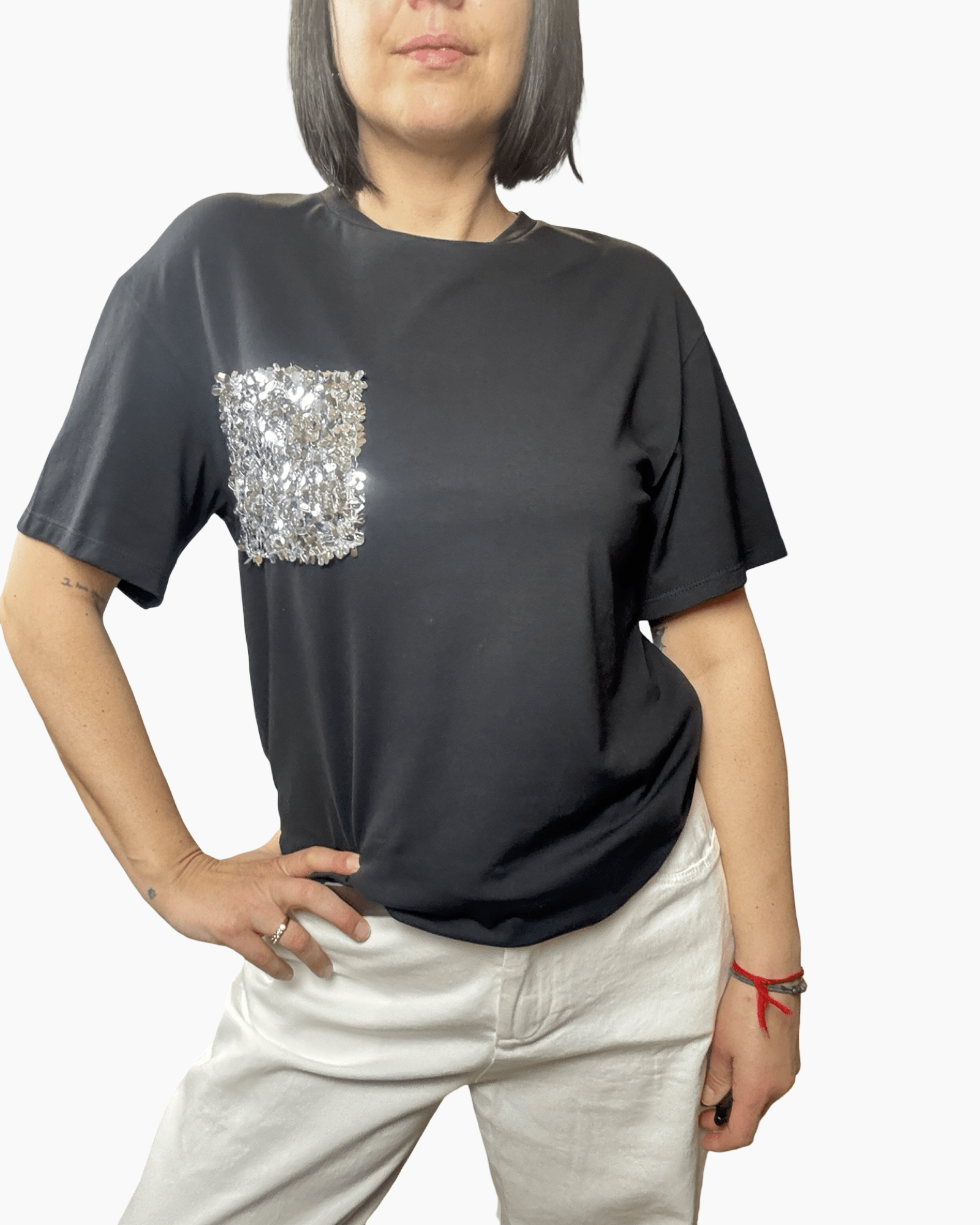 MAGLIETTA TASCA PAILLETTES GRANDI SUSY MIX - XE BLU ABBIGLIAMENTO