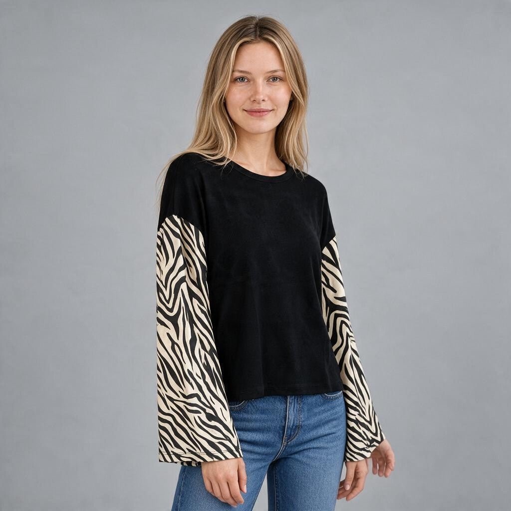 MAGLIETTA ZEBRATA CON MANICA A CAMPANA HAVEONE - XE BLU Abbigliamento Donna