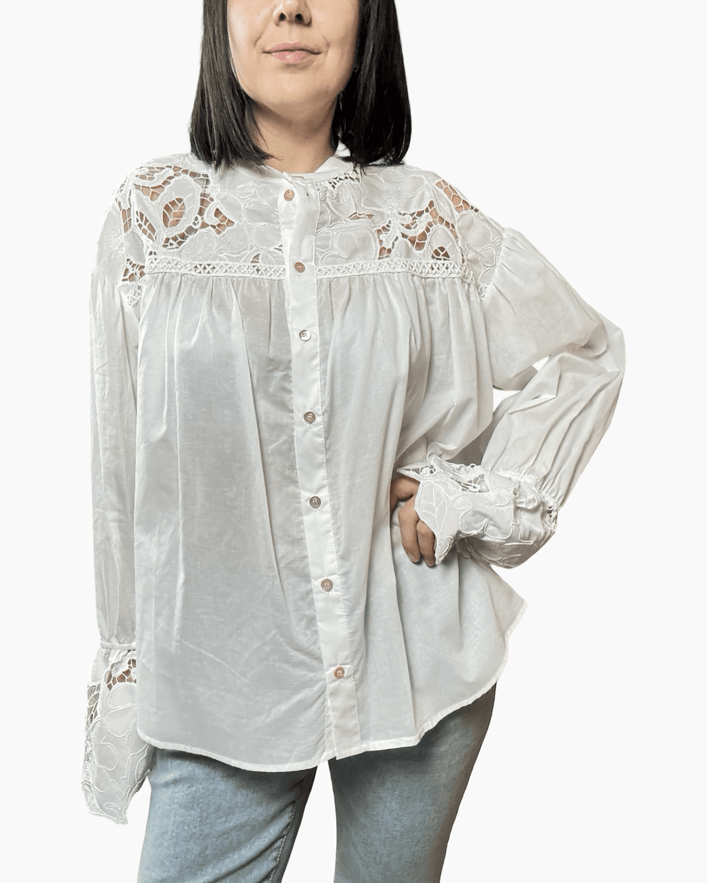 CAMICIA OVER CON PIZZO MACRAME' DIXIE - XE BLU ABBIGLIAMENTO