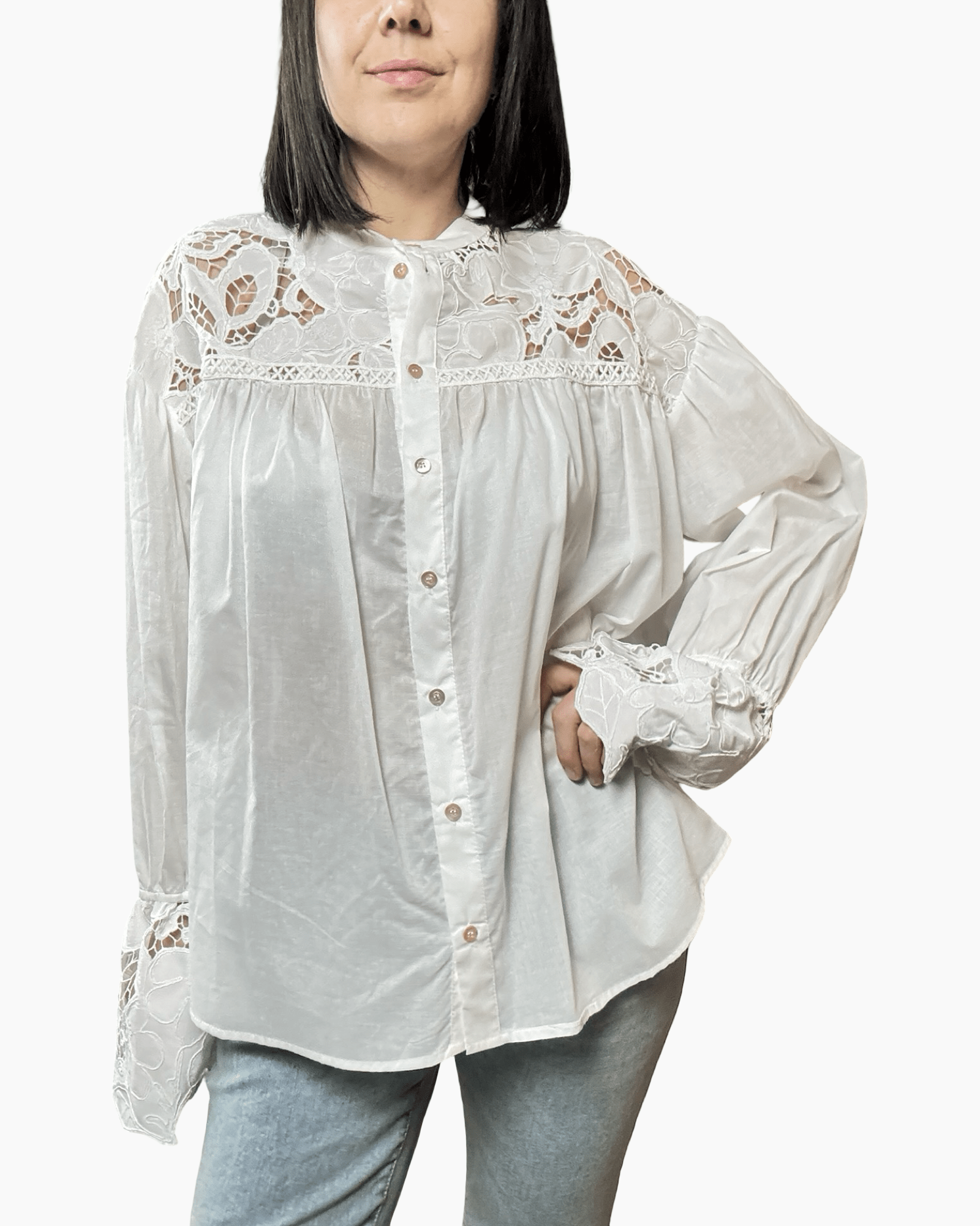 CAMICIA OVER CON PIZZO MACRAME' DIXIE - XE BLU ABBIGLIAMENTO