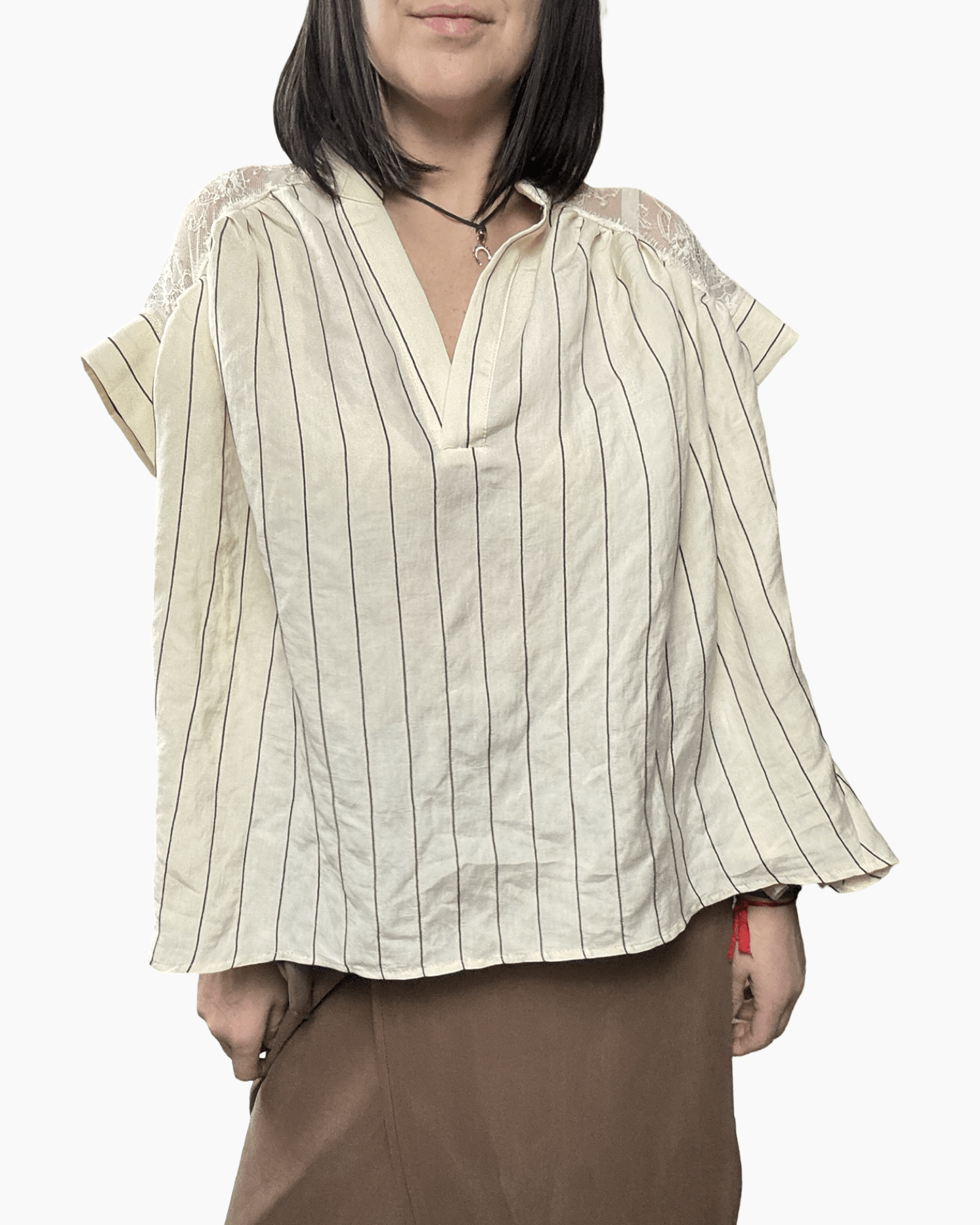 CAMICIA OVERSIZE GESSATA CON PIZZO VICOLO - XE BLU ABBIGLIAMENTO